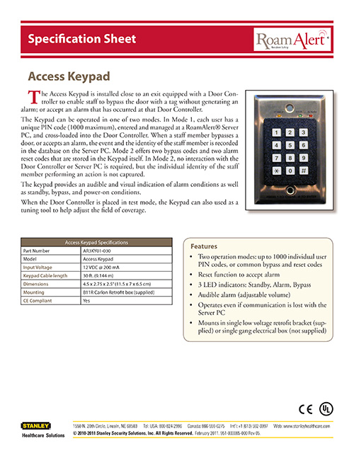 Roam Alert Xmark AR3KY01-030 Access Keypad Stanley Healthcare Solutions 